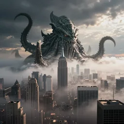 fog consuming New York City giant Cthulhu in background staring at city, high definition