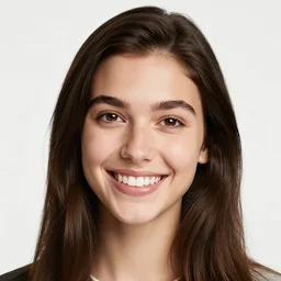 a beautiful girl from minnesota, brunette, joyfully smiling at the camera slightly!!! opening her brown eyes. thinner face, irish genes, dark chocolate hair colour, wearing university of minneapolis coat, perfect nose, morning hour, plane light, portrait, minneapolis as background. healthy, athletic, in her early 3 0