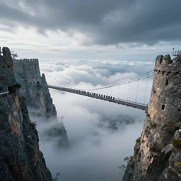 looking down from wizard towers poking out of the clouds below, connected with hanging bridge!!, babel, vertigo, huge distance, by craig mullins, by ruan jia!, ( ( dr sues ) ), cold, dramatic lighting