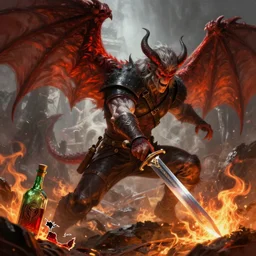 the witcher fighting a winged demon, fighting stance, broken bottle of magic potion, fire detail, gwen rune, fierce, sharp details, highly detailed sword, digital painting, trending artstation, epic fantasy, cinematic lighting, vibrant colors, photorealism, epic, octane render.