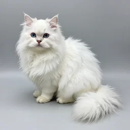 Realistic bunny-cat hybrid with long curly white fluffy fur and extra long tail