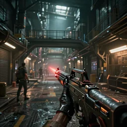 photoreal gameplay screenshot of a 3rd person shooter cyberpunk destiny in an underground city. Atmospheric and ominous lighting by Joe McNally