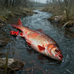 dead river, dead fish, red color, highly detailed, 8 k, artstation, beutifull, masterpiece by beksinski