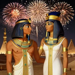 an oil panting of cleopatra with her boyfriend in egypt with fireworks