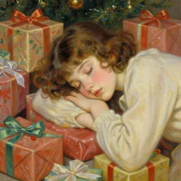 fifteen year old girl with short wavy curly hair, asleep at christmas. surrounded by gifts. high quality detailed face. beautiful painting by artgerm and greg rutkowski and alphonse mucha