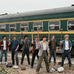 a lot of aggressive people are standing, holding sticks and stones, against the background of a dark green train, realistic, 4 k, ultra render, unreal engine