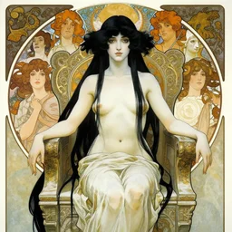 highly detailed portrait of a beautiful girl, endless black hair, with pale skin, fibonacci, fragile, sitted on an intricate stone throne by alphonse mucha, ayami kojima, yoshitaka amano, charlie bowater, karol bak, greg hildebrandt, jean delville, and mark brooks, 4 k resolution