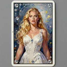 tarot card, oil painting, ultra realistic, intricate details, charlize theron, long blond hair, white dress, elegant seductive regal, diamonds, emma frost