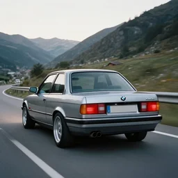 a rear shot of a modified bmw e 3 0 with lights on a mountain road, motion blur, 3 5 mm photography, car photography, clean lines, realistic