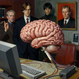 realistic detailed image of a human brain connected with wires and cords to a computer from 9 0 s in an old soviet apartment by ayami kojima, amano, karol bak, greg hildebrandt, and mark brooks, gothic, rich deep colors. beksinski painting, movie by david cronenberg. part by adrian ghenie and gerhard richter. art by takato yamamoto