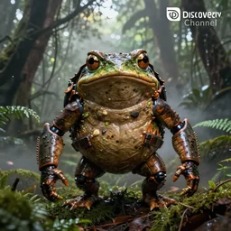 photograph by discovery channel!!!! full shot!!! toad superhero cyborg! rugged knight, fog, in deep forest jungle