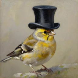 a chaffinch wearing a top hat, wearing a top hat, oil on canvas