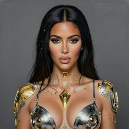 rembrandt portrait painting of kim kardashian as beautiful cyberpunk female with minimal intricate futuristic cyberpunk chrome and golden geometric decorative body modification jewelries, realistic, art station style,