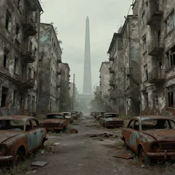 a view deep into the back streets of an abandoned dystopian soviet city after the apocalypse, rusted cars on the street, mystical obelisk in the background, muted color, matte painting, sci - fi, by simon stalenhag and alena aenami