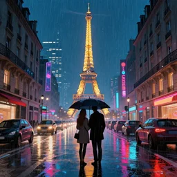 a couple hiding under an umbrella in the middle of the streets of neo - paris in 2 0 9 9. concept art, artstation, cityscape, night time, raining, vibrant colors, cyberpunk, french architecture