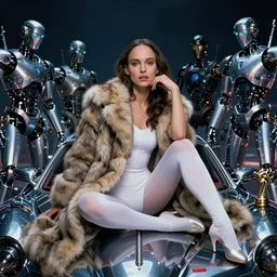 beautiful fantasy character portrait, natalie portman, wearing fur coat and white leotard, seductive seated pose, futuristic chrome vehicle, night, ultra realistic, wide angle, dramatic lighting, robots, the fifth element artifacts, highly detailed by paolo eleuteri serpieri, daytoner, boris vallejo, wayne barlowe, hajime sorayama