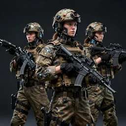 tactical female soldiers, merging with biotech, by Maciej Kuciara, small lights, dark, detailed, 4k