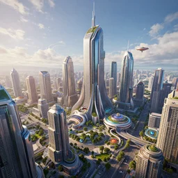 a beautiful drawing of a future funk space city, highly realistic, unreal engine, detailed city