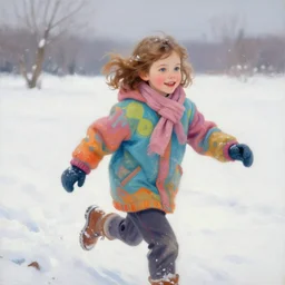 1 7 years old girl with short wavy curly light brown hair and blue eyes wearing colorful winter clothes is running in a snowy field. beautiful painting by artgerm and greg rutkowski