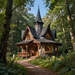 hyper realistic homely ornate modern witch cottage distant down a path in the woods gorgeous lighting, blue sky, highly detailed, lush forest by zdzisław beksinski and norman rockwell and greg rutkowskiweta studio, and lucasfilm