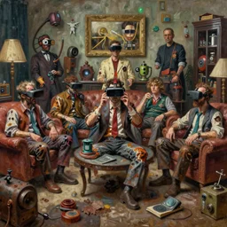 junky men in expansive suite, cybertronic gadgets and vr helmet, durty colours, rotten textures, rusty shapes, biotechnology, norman rockwell, tim hildebrandt, mark maggiori, jeff dekal, long shot, hyperrealistic oil painting on canvas, deep depth field, cinematic composition, hyper - detailed, hdr, 8 k, 4 k