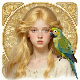 portrait of a young blonde girl with a parrot, upper body, long hair, intricate, elegant, highly detailed, digital painting, artstation, concept art, matte, sharp focus, illustration, art by artgerm and greg rutkowski and alphonse mucha