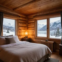 photo of interior of cozy mountain retreat in Norway, log cabin, quilt, soft lighting, comforting, tranquil, award-winning magazine photography