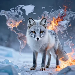 hyperrealistic surrealistic arctic fox bring ice and fire and destruction to the world photorealistic symmetrical detailed fractal