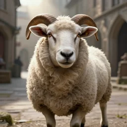 portrait of a sheep standing in a medieval street, highly detailed, fantasy, godrays, cinematic lighting, close up, volumetric, realistic, digital art by greg rutkowski