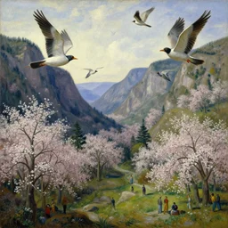 a valley with trees in flower. giant birds flying. full - length, oil painting in a modern style, very detailed, painted by caravaggio, greg rutkowski, sachin teng, thomas kindkade, enki bilal, tony sandoval, tom bagshaw.