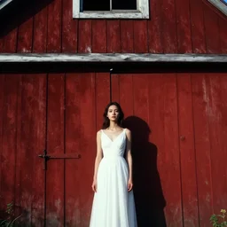 art by greg rutkowski and ruan jia. a lonely elegant and grace young woman in the shadow of a red barn!. white dress. cinematic, sharp edges, stage light. establishing shot, sense of mystery. delicate features. dreamlike. alluring. poster style, ultra realistic. ultra clear detailed