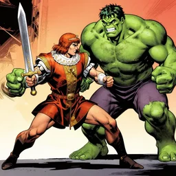 Charles Quint, in the style of a DC comic book, fighting with a sword Hulk
