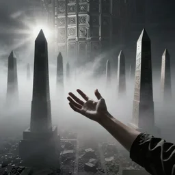 arm reaching out of thick fog, rows of obelisks in background, intricate zdzislaw beksinski