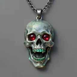 This amulet is carved from obsidian and shaped like a screaming humanoid skull, with ruby eyes and emeralds for teeth. It hangs from an iron chain necklace. digital painting