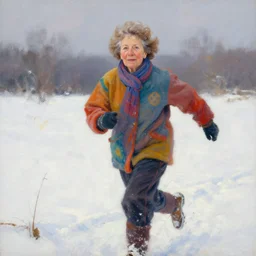 an eighty year old woman with short wavy curly light brown hair and blue eyes wearing colorful winter clothes is running in a snowy field. beautiful painting by artgerm and greg rutkowski