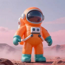 a giant inflatable astronaut figure with an orange and teal suit, in a pink misty barren landscape