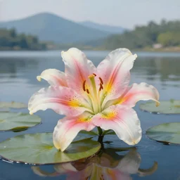 flower lily floating in a lake, mountains in background, lake foreground, lily flower, color palette, painting, gentle, beautiful, brushstrokes, artstation award, ultra - realistic, intricately detailed