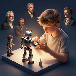 a boy fixing his robot, isometric, volumetric lighting, photorealistic by michael komarck, greg rutkowski, victo ngai, artgerm, norman rockwell, edward hopper