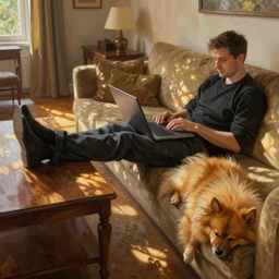 man sitting on sofa, laptop on the table, big table near sofa, dog spitz sleeping by his side, close up, rich cozy interiors, spatious room, legs on the table, digital painting, hyperrealistic, natural light, volumetric golden dappled dynamic lighting, highly detailed, sharp focus, elegant, by michael komarck, greg rutkowski