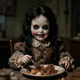 film still closeup portrait of a malignant creepy angry grinning confused scary antique filthy victorian porcelain doll with black eyes wearing a dirty dress, very long black hair, sitting at a table eating a plate of rotten food, dimly lit filthy room in an abandoned old asylum at night, 8k octane render, dramatic lighting, volumetric lighting, high contrast, the ring movie, Guillermo del Toro, Craig Mullins, Duane Hanson , Richard Estes, Arney Fretag, vintage photo from 1890