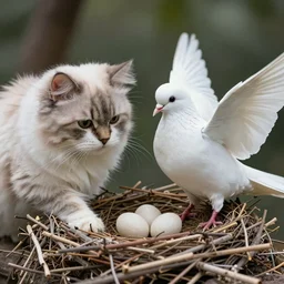 An exotic shorthair cat and a dove guarding it's eggs in a nest, white dove, nest is made of sticks, feathers wings, fluffy cat, documentary,  national geographic, odd, depth of field, photorealistic