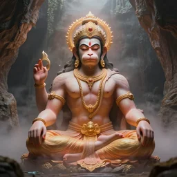 photo realistic Hanuman meditating in caves of magical world, foggy ,muscular body,glowing effect, clean clear face,artstation, devianart, hyperreal, hyperdetailed, 8k,hd