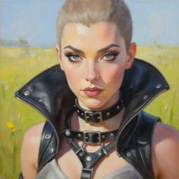 oil painting of tracer overwatch in a field wearing very large black leather collar around neck, in style of mark arian, expressive face, very detailed face, wearing leather choker, very detailed eyes, full body, feminine face, detailed makeup on eyes,