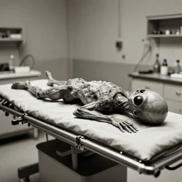 Alien lying on an operation table in a lab, photograph from 1890, grainy, high detail, high resolution
