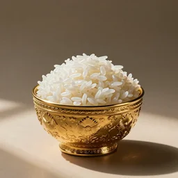 a golden ornate bowl of rice. Professional studio photography