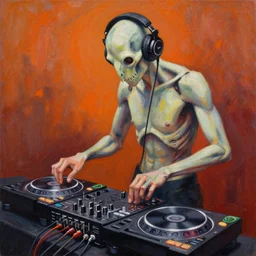 a painting of skeltor wearing headphones DJing with DJ turntables, craig mullins, greg rutkowski