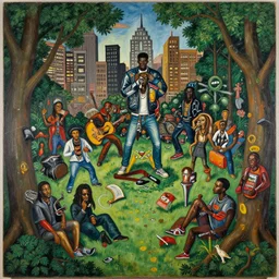 hieronymus bosch and basquiat painting of all the music movement as the garden of earthly delights, urban nyc themed, rap and hip hop culture