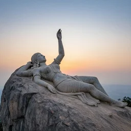 a detailed colossal magnificent stone sculpture carved from the top of a massive mountain of an elegant woman lying flat on the ground with one hand raised to the sky, fine detail, sunrise on the horizon in the background, stone hand raised up, 8 k, art by greg rutkowski and meera mukherjee and ramkinker baij