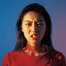 woman, beautiful asian, standing in front of the camera, in studio, raging, close up, red and blue colours, side lighting, photography, golden hour, art by aaron siskind,