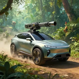 futuristic suv designed by apple with a railgun driving through the amazon, artgerm and greg rutkowski and alphonse mucha, epic fantasy sci - fi volumetric light, detailed, unreal 5, an epic fantasy, trending on art station, octane render, midsommar